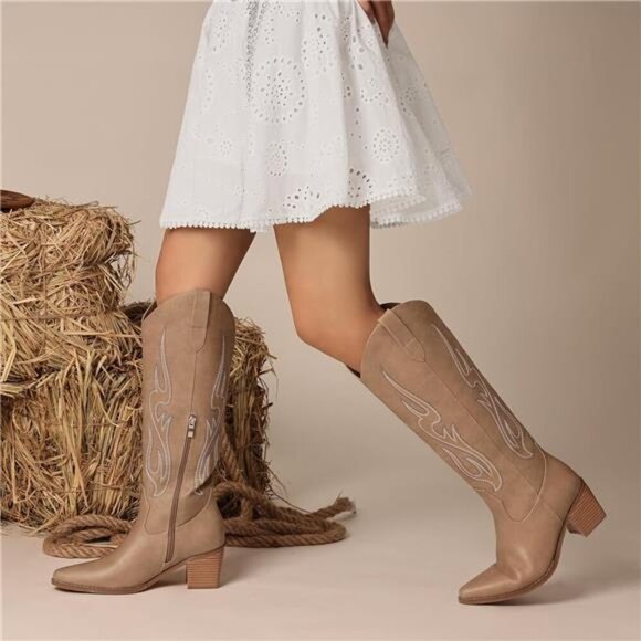 NEW  Western Cowboy Boots for Women - Knee High Wide Calf Cowgirl Boots - Picture 3 of 6